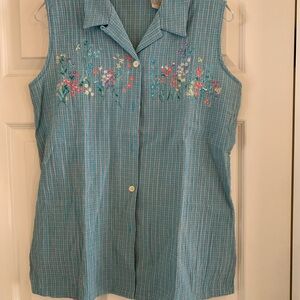 Koret Francisca Teal Floral Embroidered Sleeveless Blouse